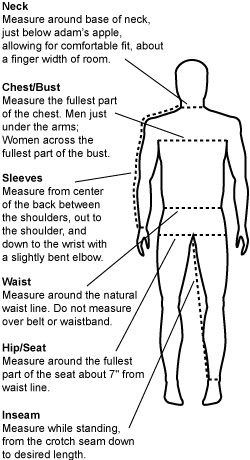 Size Chart, Neck, Chest/Bust, Sleeves, Waist Inseam, Hip/Seat Measurement